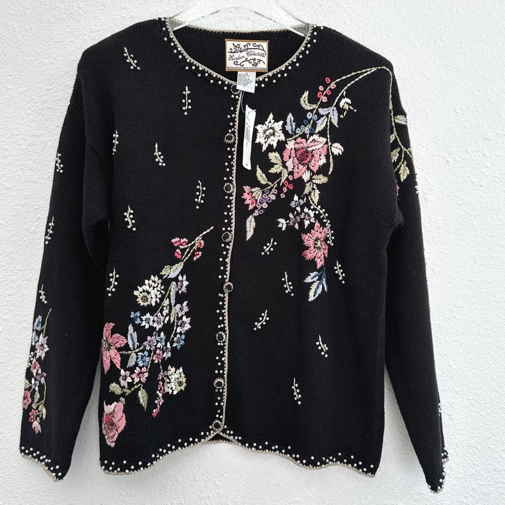 Heirloom Collectibles Cardigan Sweater Women S Black Floral Embroidered Beaded